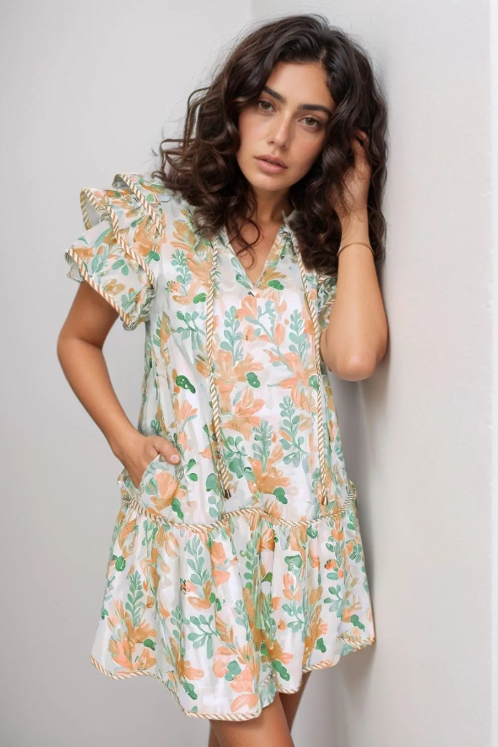 Floral Tie Neck Layered Short Sleeve Dress