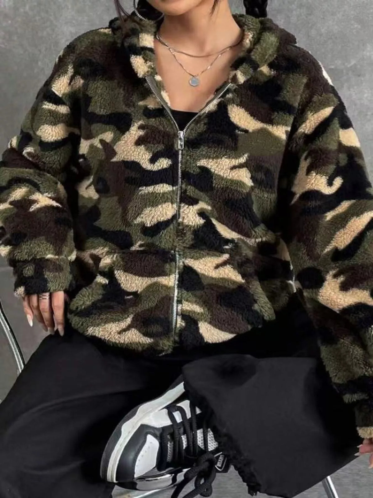 Fuzzy Camo Zip-Up Hoodie