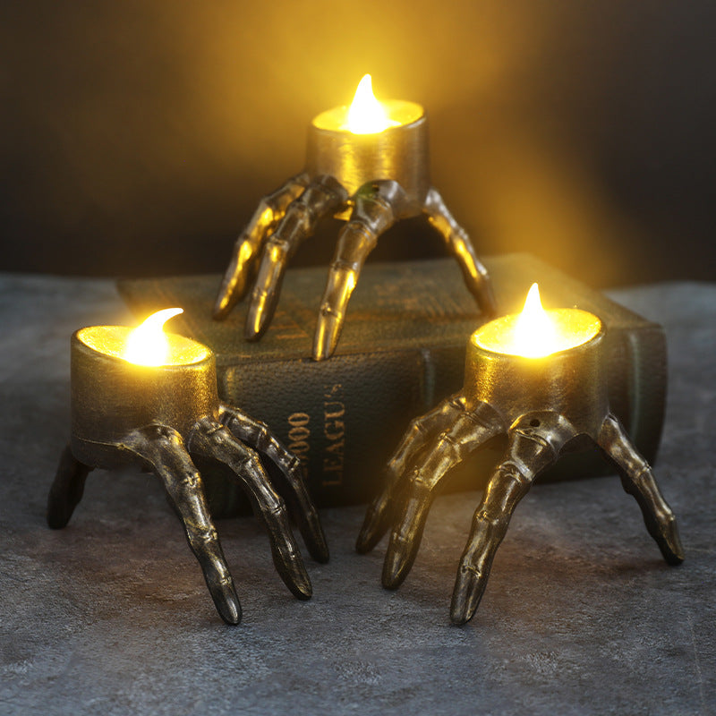 Linterna de mano de calavera de Halloween, accesorios de decoración para ambiente, linterna de noche con pie de calavera, linterna de vela de Halloween