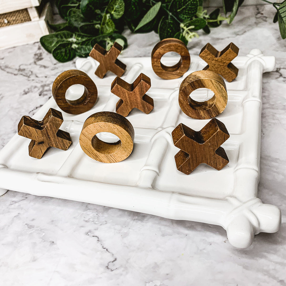 Ceramic Tic Tac Toe Game Faux Bamboo Board With Acacia Wood Pieces, Decor