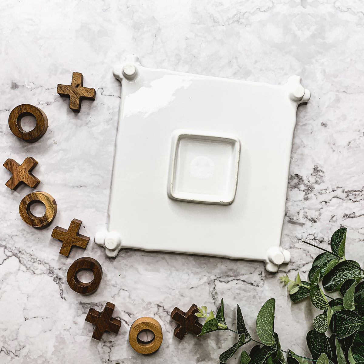 Ceramic Tic Tac Toe Game Faux Bamboo Board With Acacia Wood Pieces, Decor