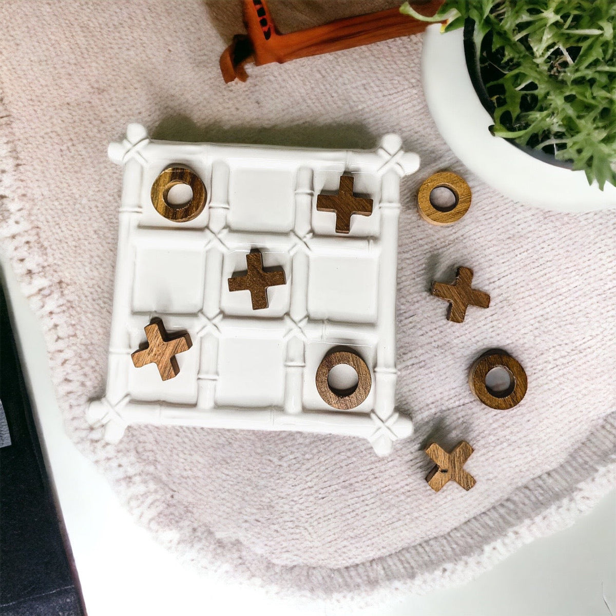 Ceramic Tic Tac Toe Game Faux Bamboo Board With Acacia Wood Pieces, Decor