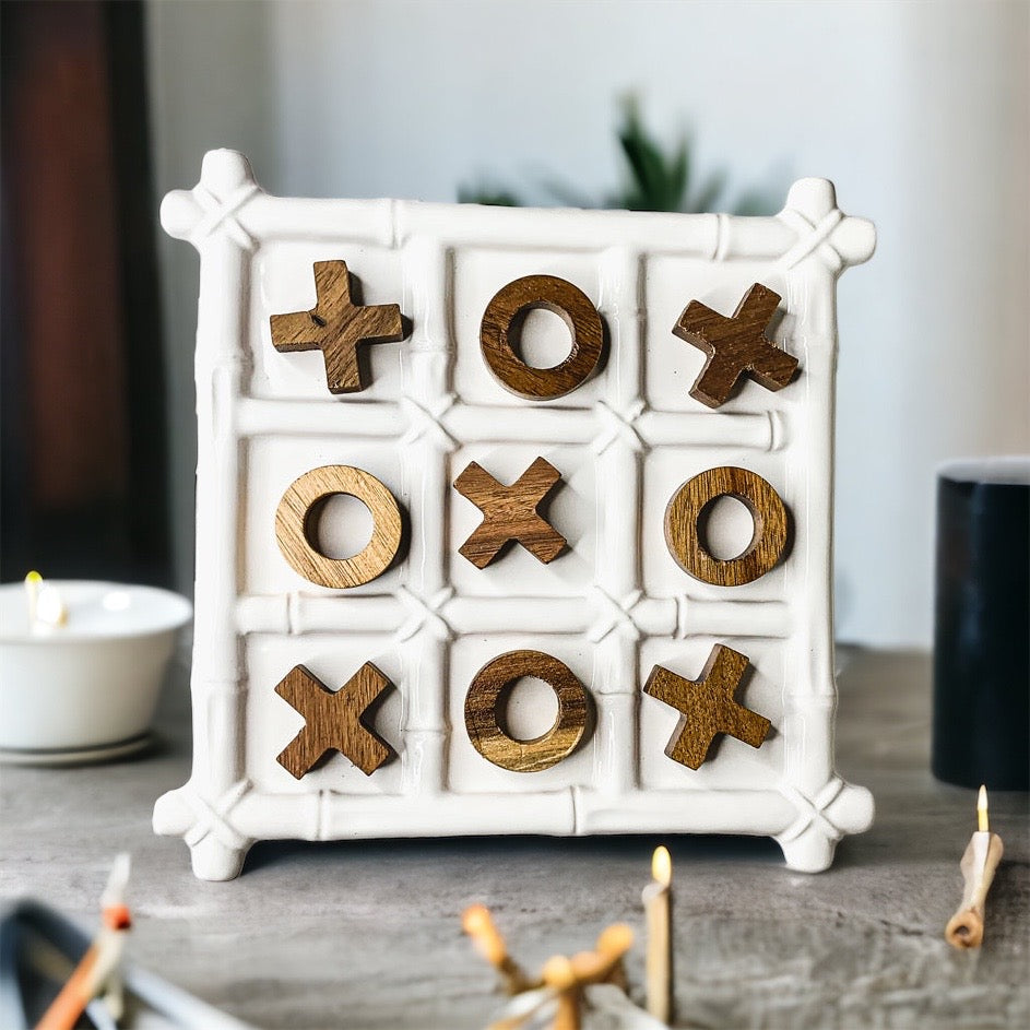 Ceramic Tic Tac Toe Game Faux Bamboo Board With Acacia Wood Pieces, Decor
