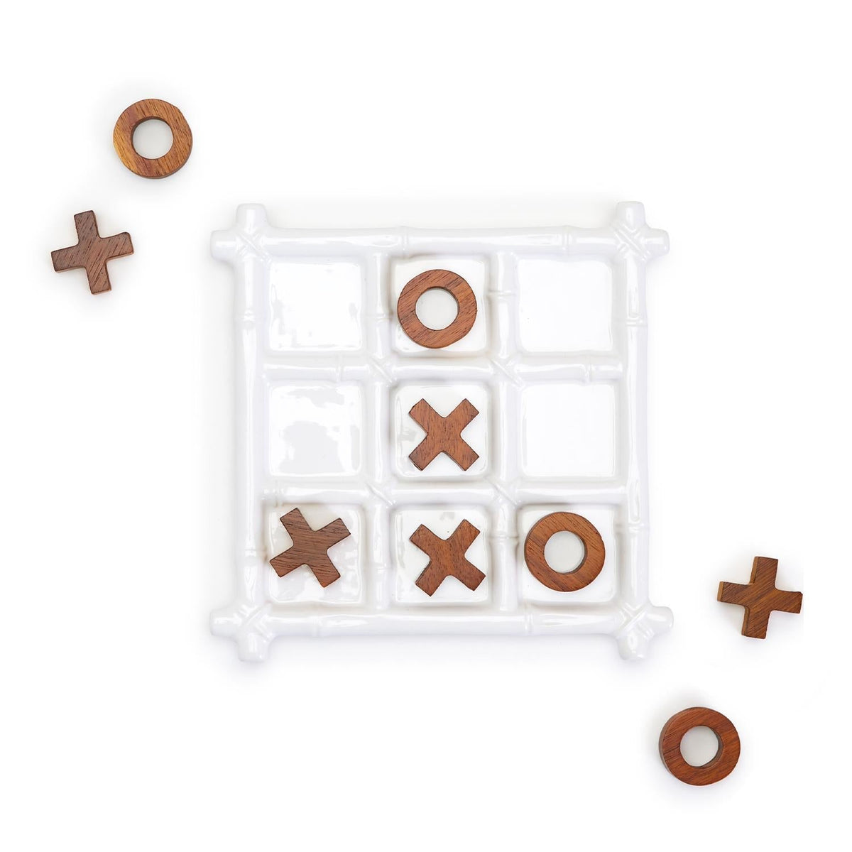 Ceramic Tic Tac Toe Game Faux Bamboo Board With Acacia Wood Pieces, Decor