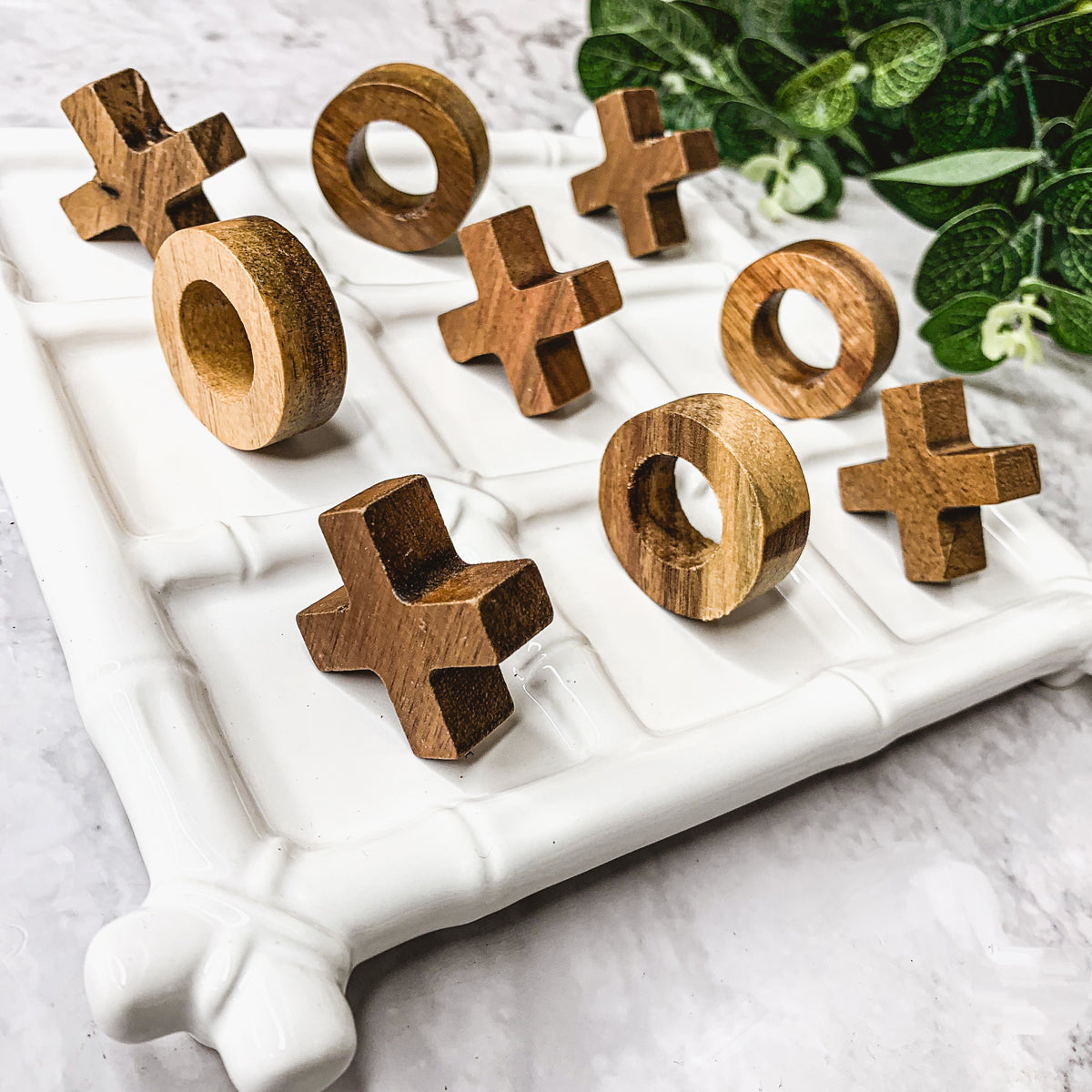 Ceramic Tic Tac Toe Game Faux Bamboo Board With Acacia Wood Pieces, Decor