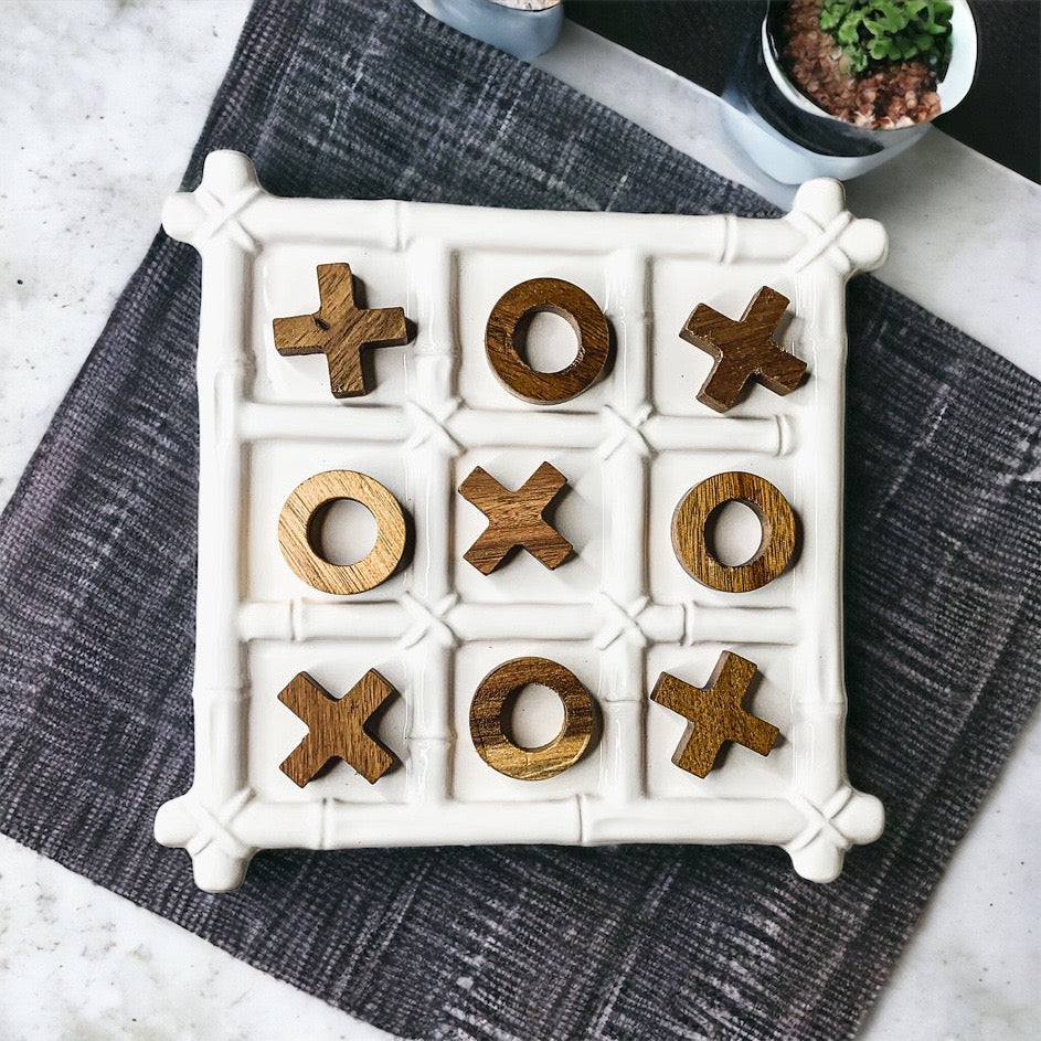 Ceramic Tic Tac Toe Game Faux Bamboo Board With Acacia Wood Pieces, Decor