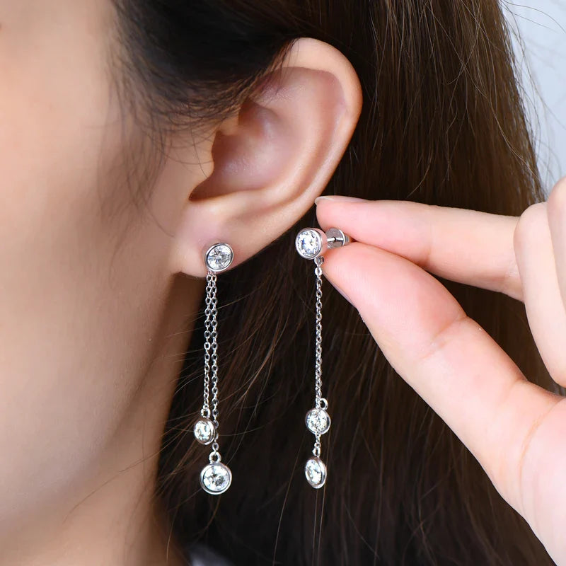 Certified Moissanite Tassel Stud Earrings 925 Sterling Silver Chain Pendant