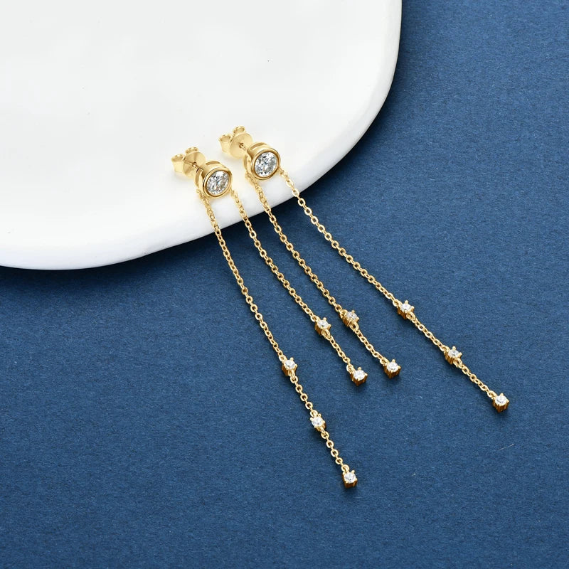 Certified Moissanite Tassel Stud Earrings 925 Sterling Silver Chain Pendant