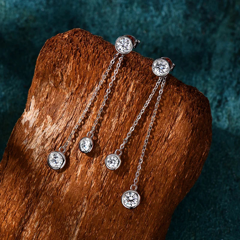 Certified Moissanite Tassel Stud Earrings 925 Sterling Silver Chain Pendant