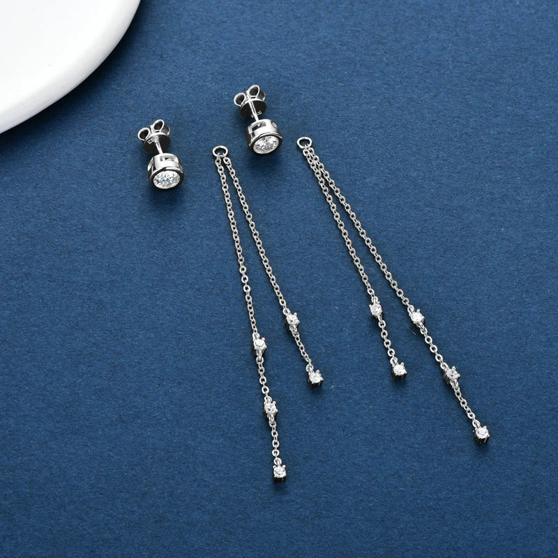 Certified Moissanite Tassel Stud Earrings 925 Sterling Silver Chain Pendant