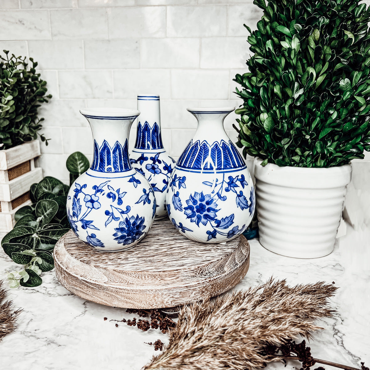 Chinoiserie Blue White Canton Vases - Hand-Painted Mediterranean Decor