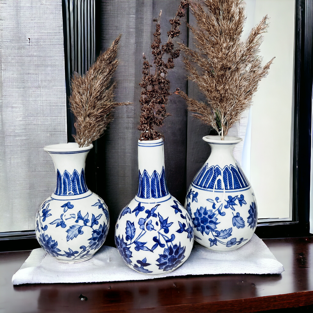 Chinoiserie Blue White Canton Vases - Hand-Painted Mediterranean Decor