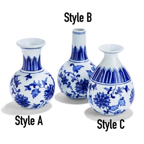 Chinoiserie Blue White Canton Vases - Hand-Painted Mediterranean Decor
