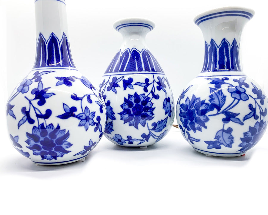 Chinoiserie Blue White Canton Vases - Hand-Painted Mediterranean Decor
