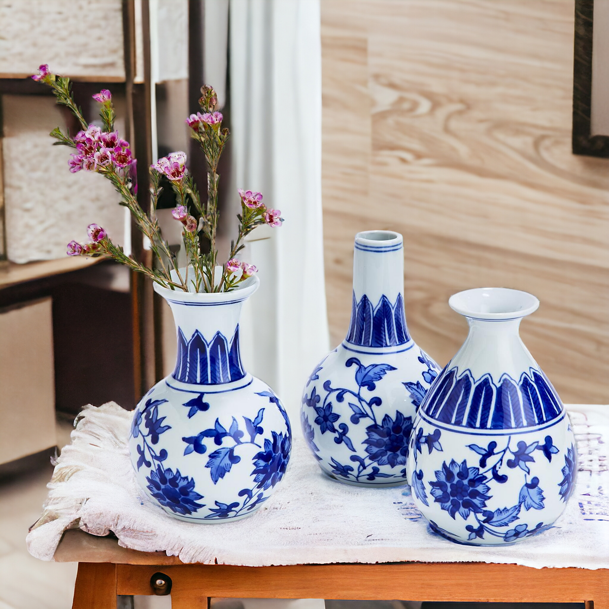 Chinoiserie Blue White Canton Vases - Hand-Painted Mediterranean Decor