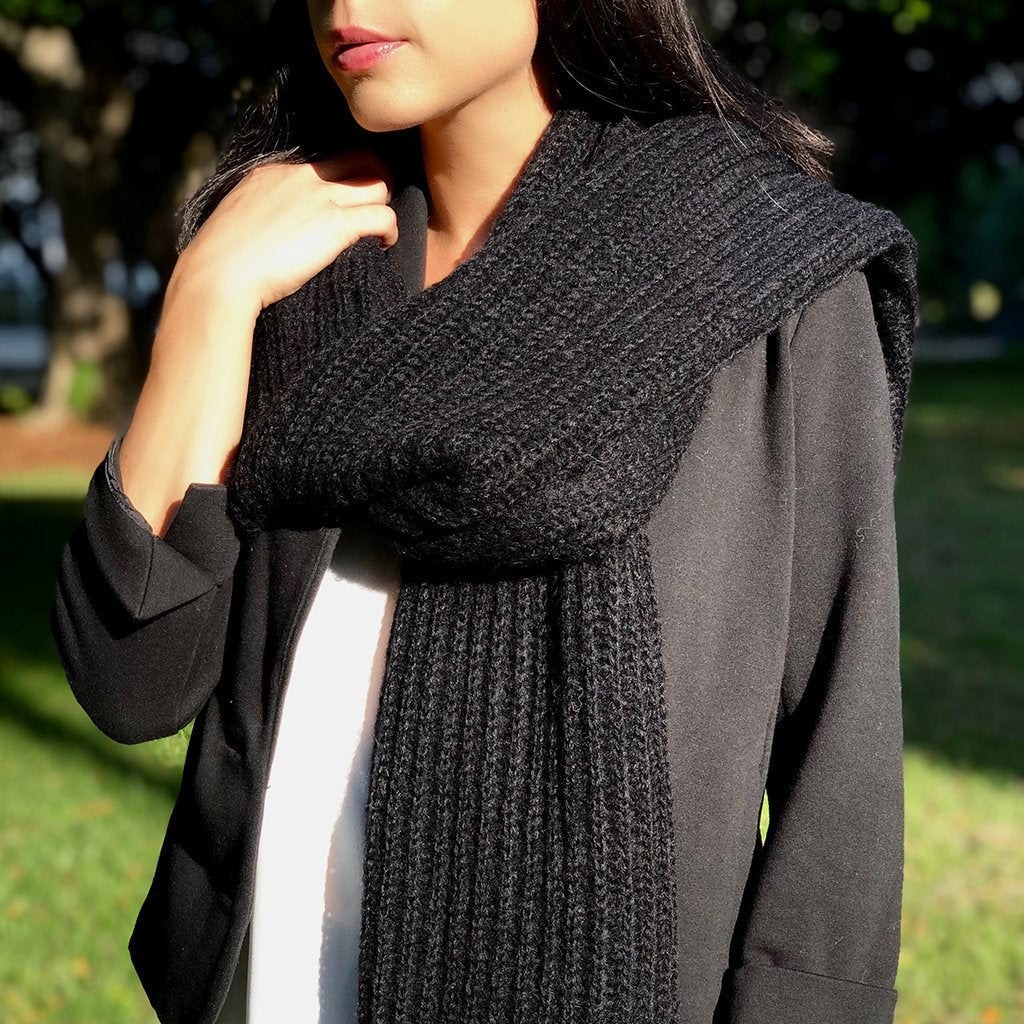 Chunky Black Alpaca Scarf Oversized Unisex Knit Warm Winter Wrap Long Soft Luxury Layering