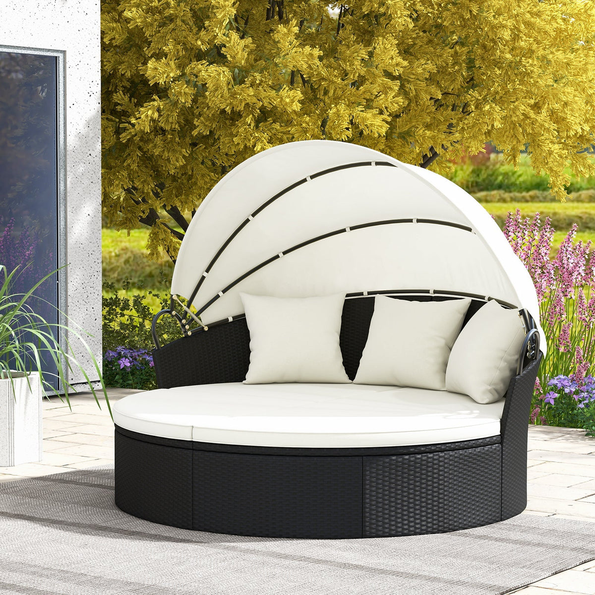 Clamshell Patio Round Daybed Wicker with Retractable Canopy and Pillows