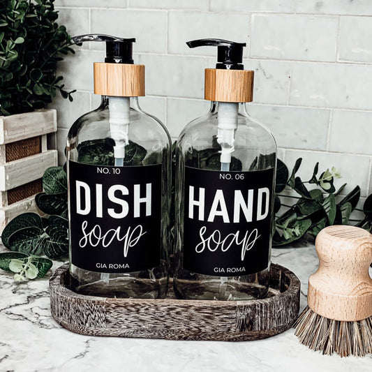 16oz Clear Glass Soap Bottle Refillable Boston Round With Black Label