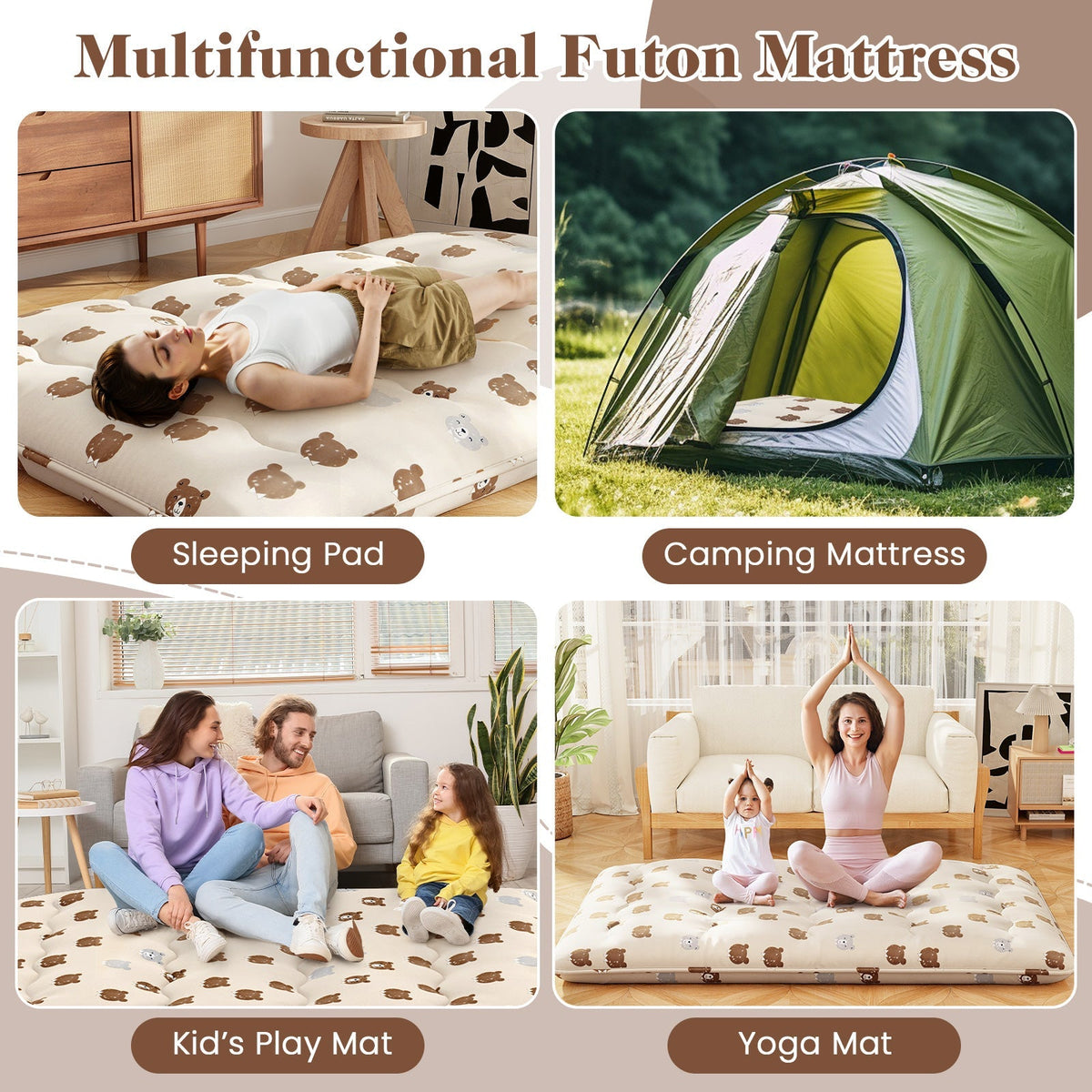 Foldable Futon Mattress with Washable Cover and Carry Bag for Camping