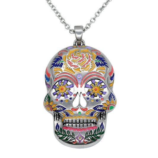 Colorful Floral Sugar Skull Pendant Necklace Day of Dead