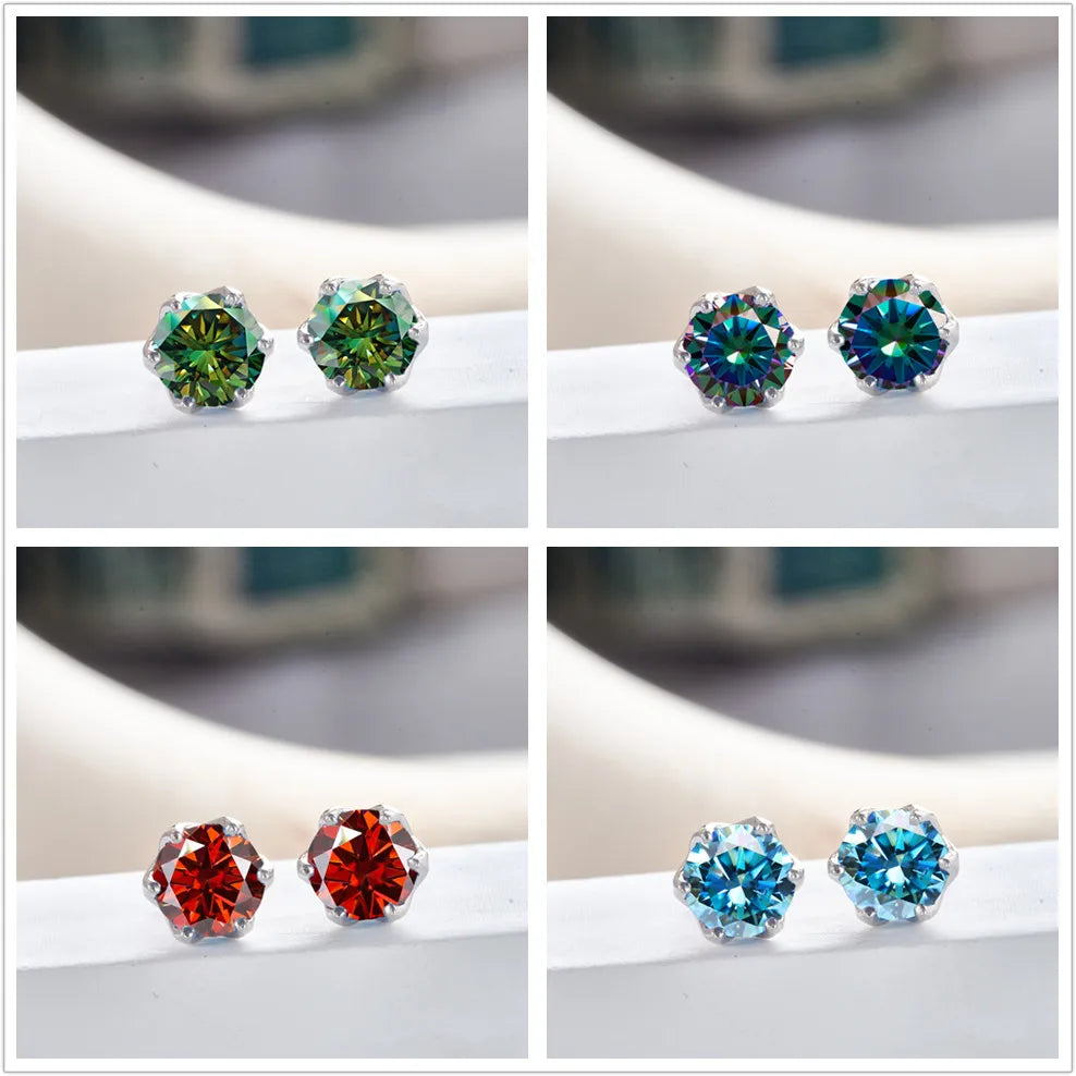 Pink Royal Blue Moissanite Stud Earrings S925 Sterling Silver 0.5 1 2 Ct Bride