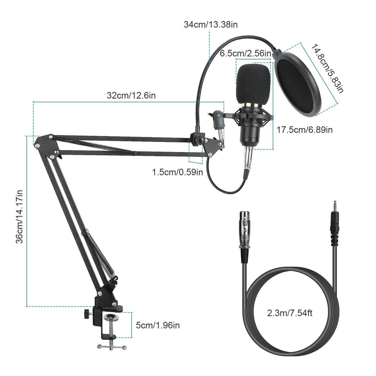 Condenser Microphone Bundle Shock Mount with Adjustable Boom Arm Sound Card