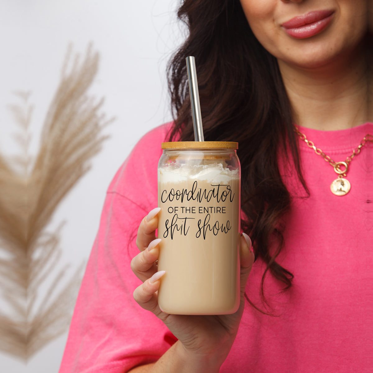 Shit Show Coordinator 17oz Glass Tumbler With Bamboo Lid, 2 Stainless Straws