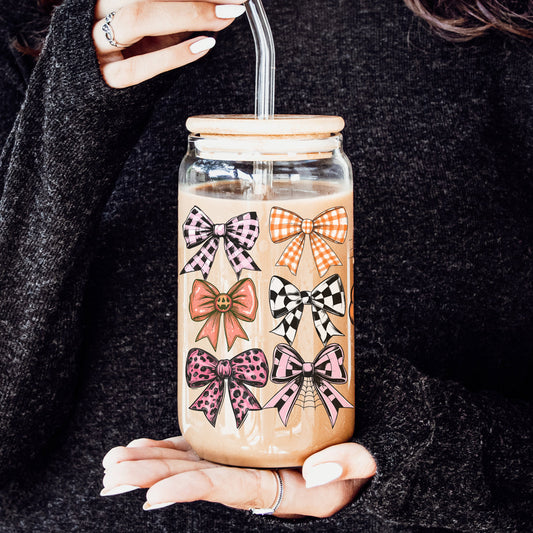 Fall Bows 20oz Glass Tumbler With Bamboo Lid, Straws And Straw Cleaner