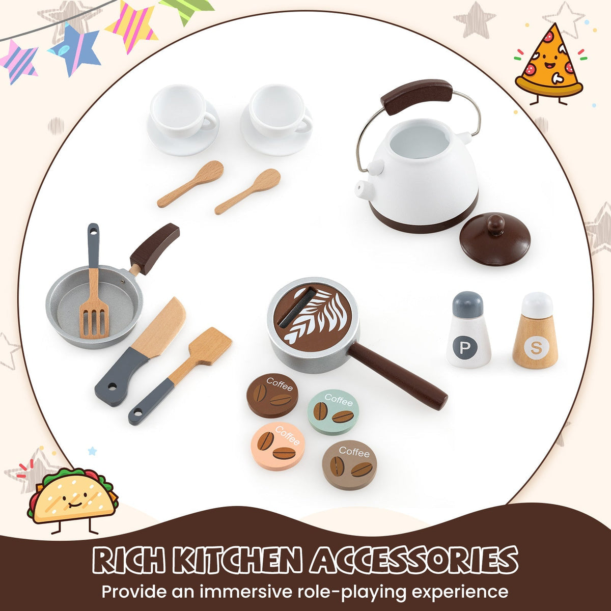 Cocina de juguete de madera de esquina con máquina de café y tobogán para niños