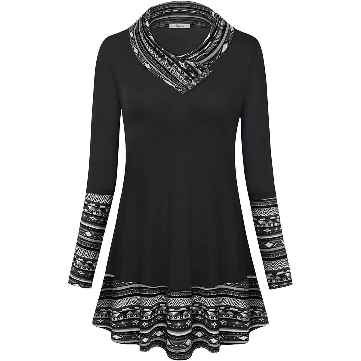 Cowl Neck Long Sleeve Patchwork Top