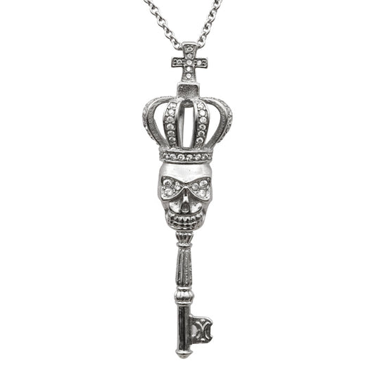 Crowned Skull Key Necklace Gothic Pendant Silver Chain
