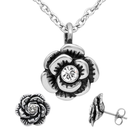 Crystal Flower Necklace And Earrings Set Silver Tone