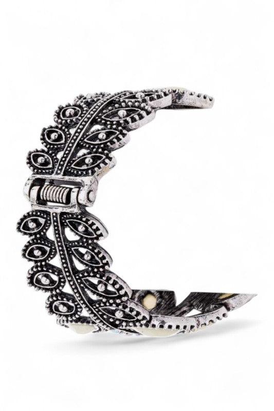 Crystal Leaf Hinged Statement Bangle Cuff Elegant Bracelet