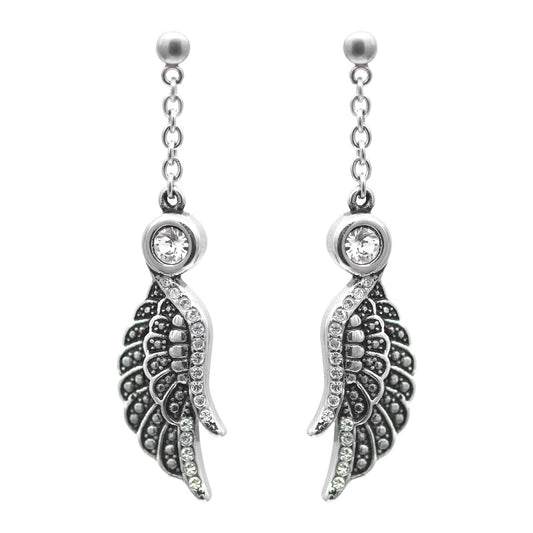Crystal Silver Dangle Wing Earrings Shimmering Angel