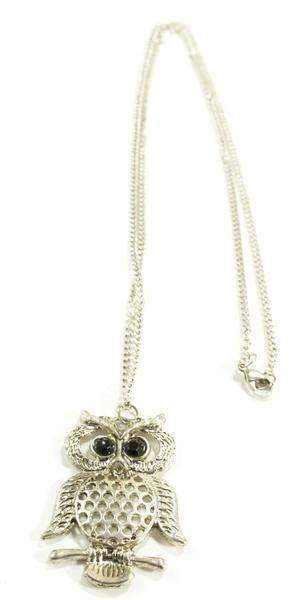 Cute Owl Pendant Necklace Silver Tone Long Chain Vintage