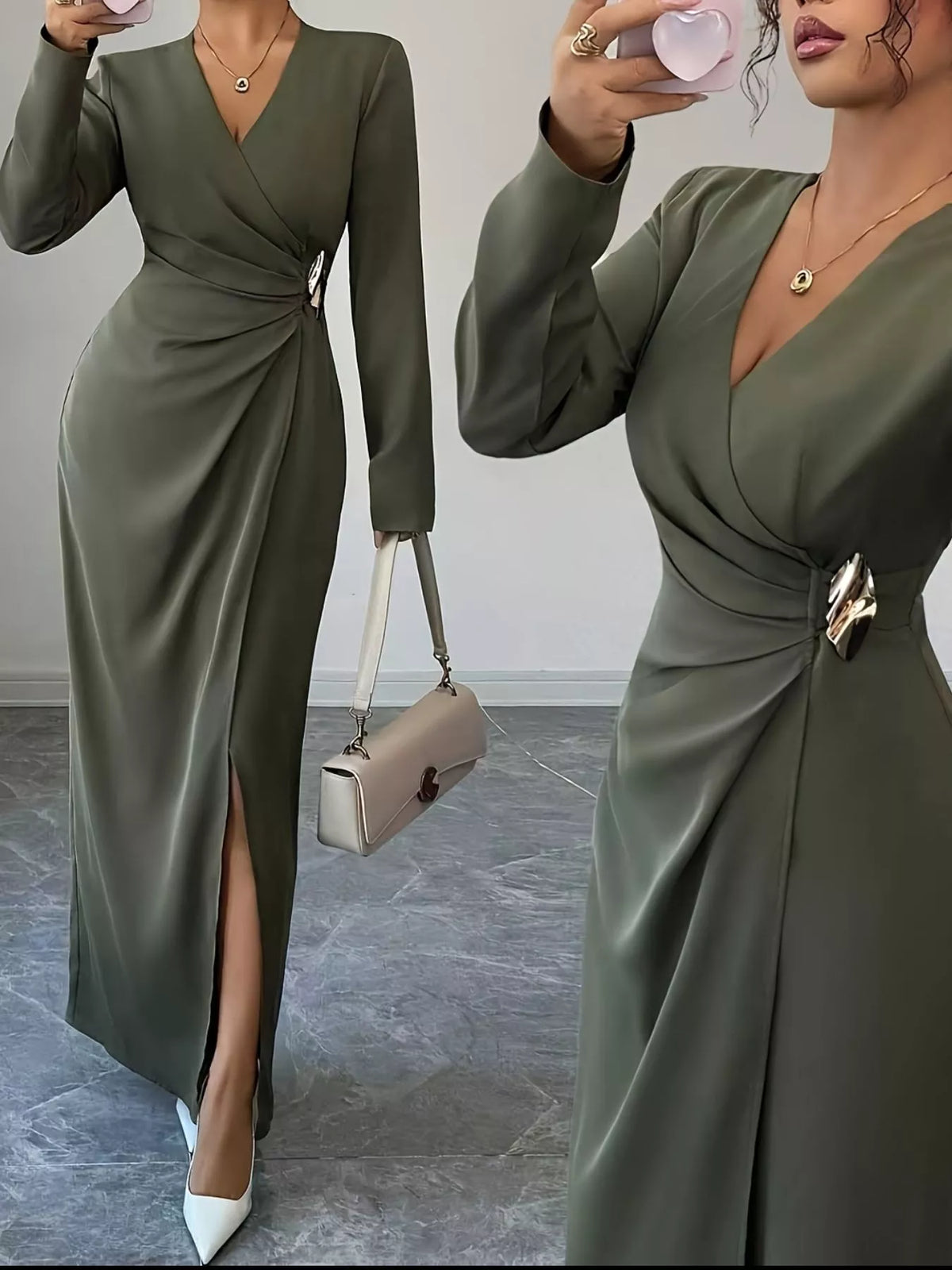 Slit Surplice Long Sleeve Maxi Dress