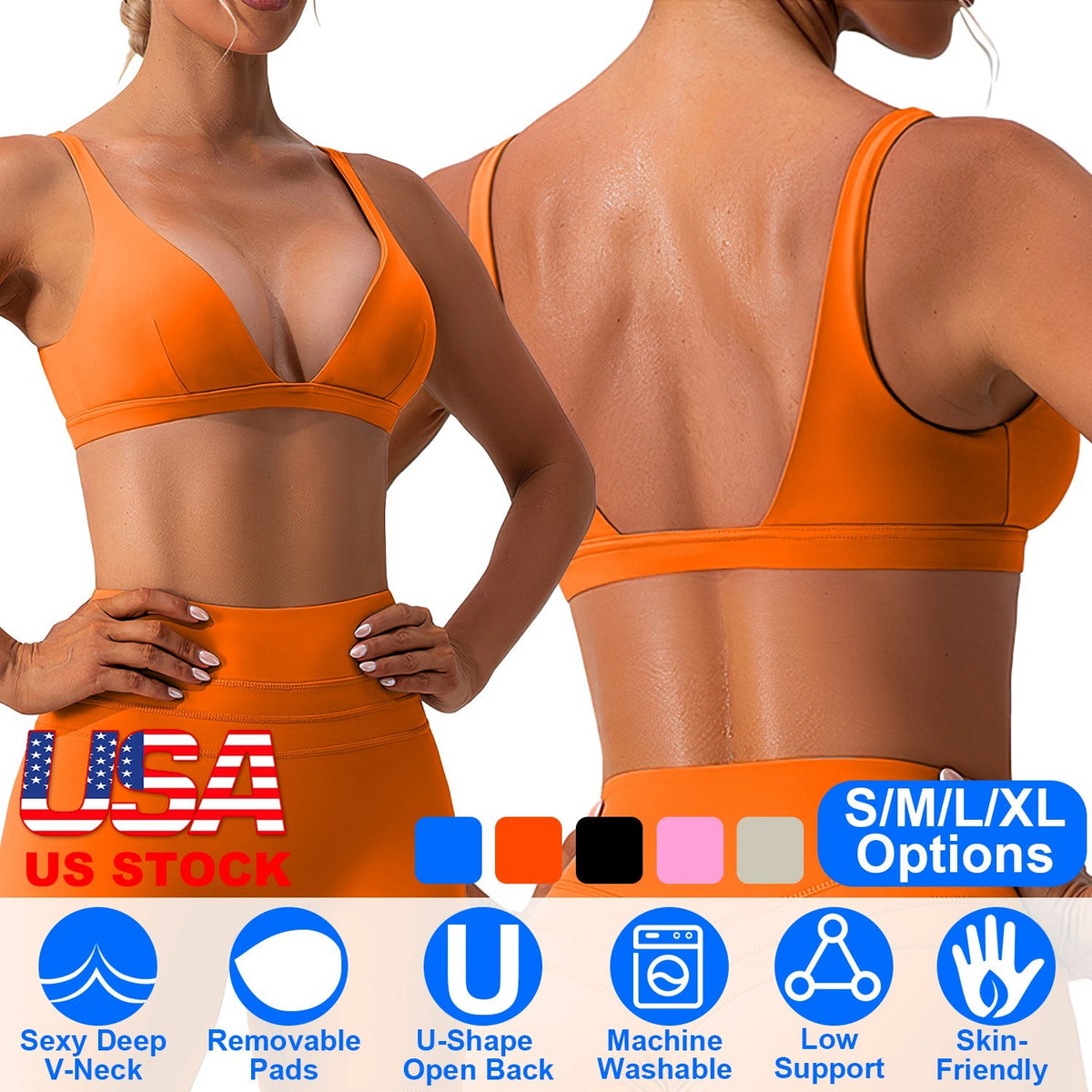 Sujetador deportivo con escote en V profundo para mujer para gimnasio - Comodidad de bajo impacto