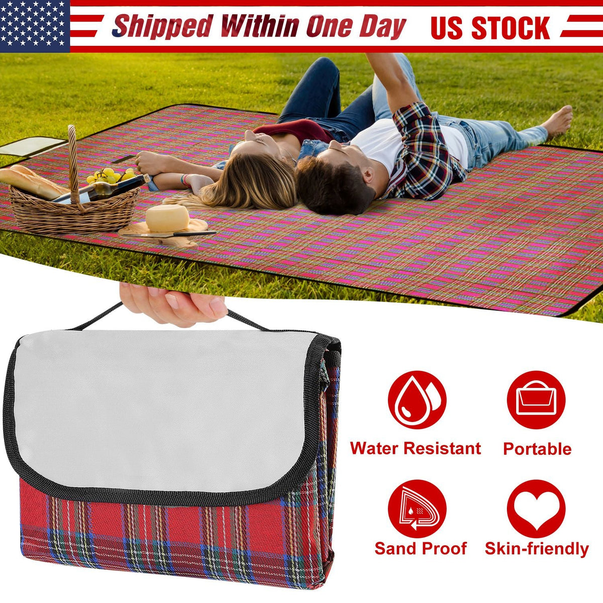 Manta de picnic impermeable de 60" x 78", alfombra plegable para acampar con correa, ideal para camping, senderismo, césped y viajes