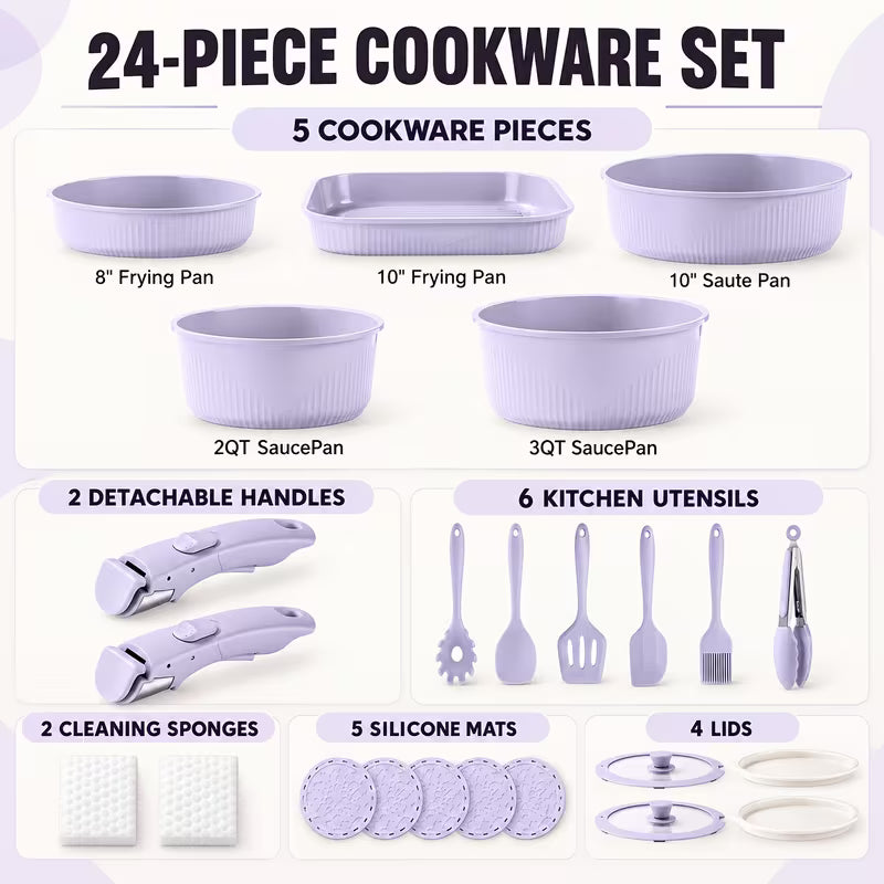 24-Piece Nonstick Cookware Set with Detachable Handles