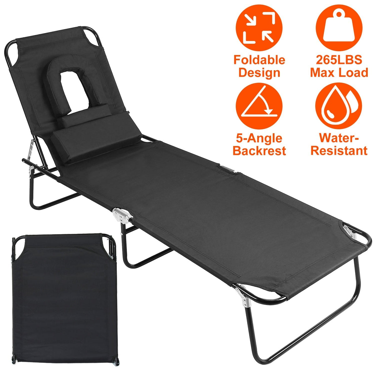 Folding Beach Lounge Chair Face DownÊTanning Chaise Sunbathing Recliner 265LBS Max Load with 5-Angle Backrest 3 Removable Pillows for Beach Pool Lawn