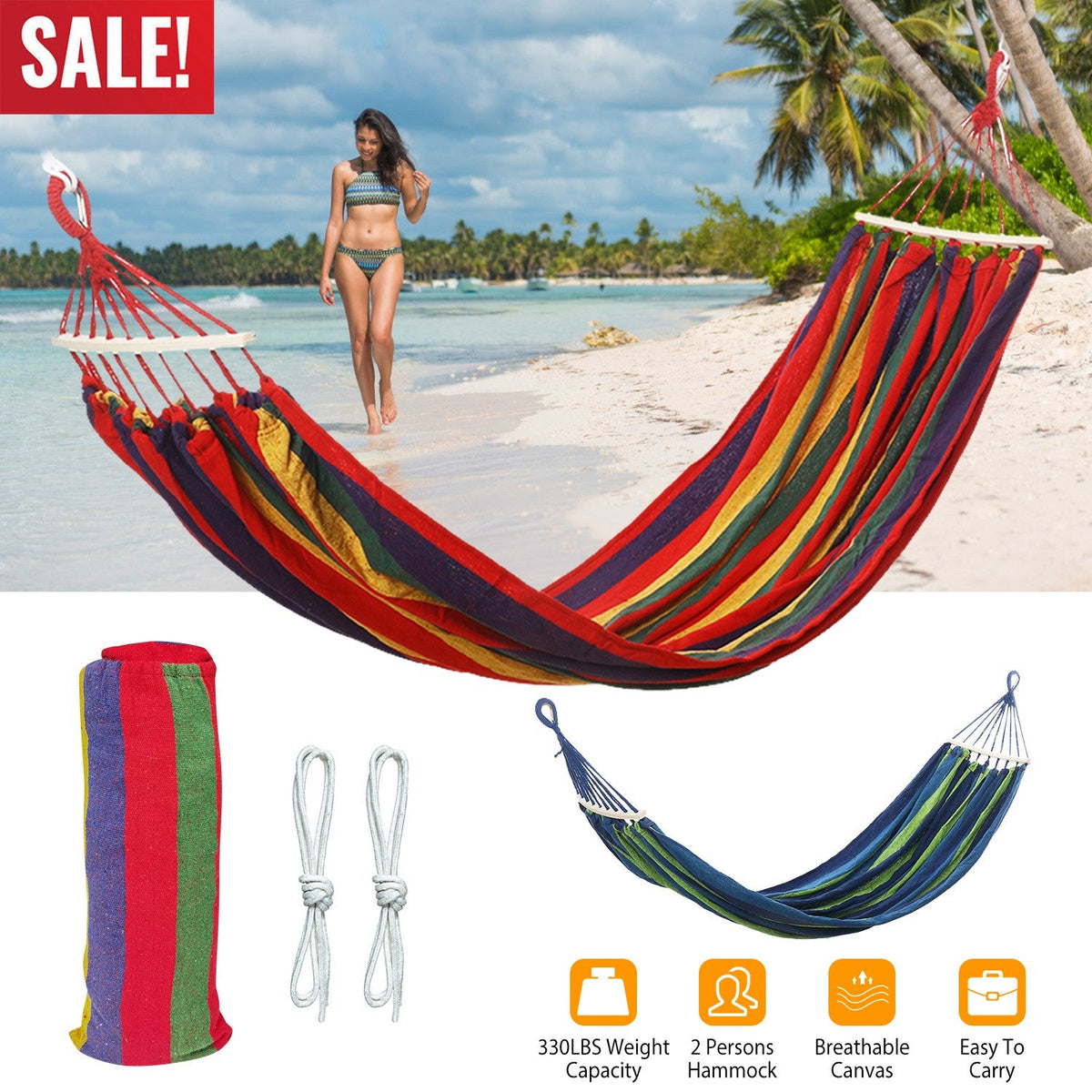 Double Hammock 2 Person Canvas Hanging Hammock Swing Bed with Carrying Bag Hold 330LBS for Camping Travel Beach