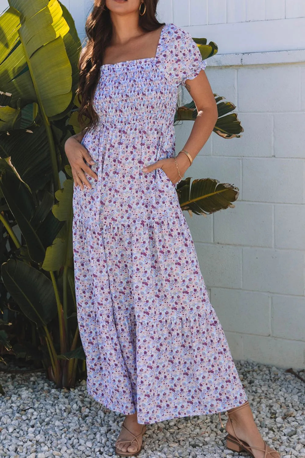 Tiered Floral Shirred High Waist Maxi Dress