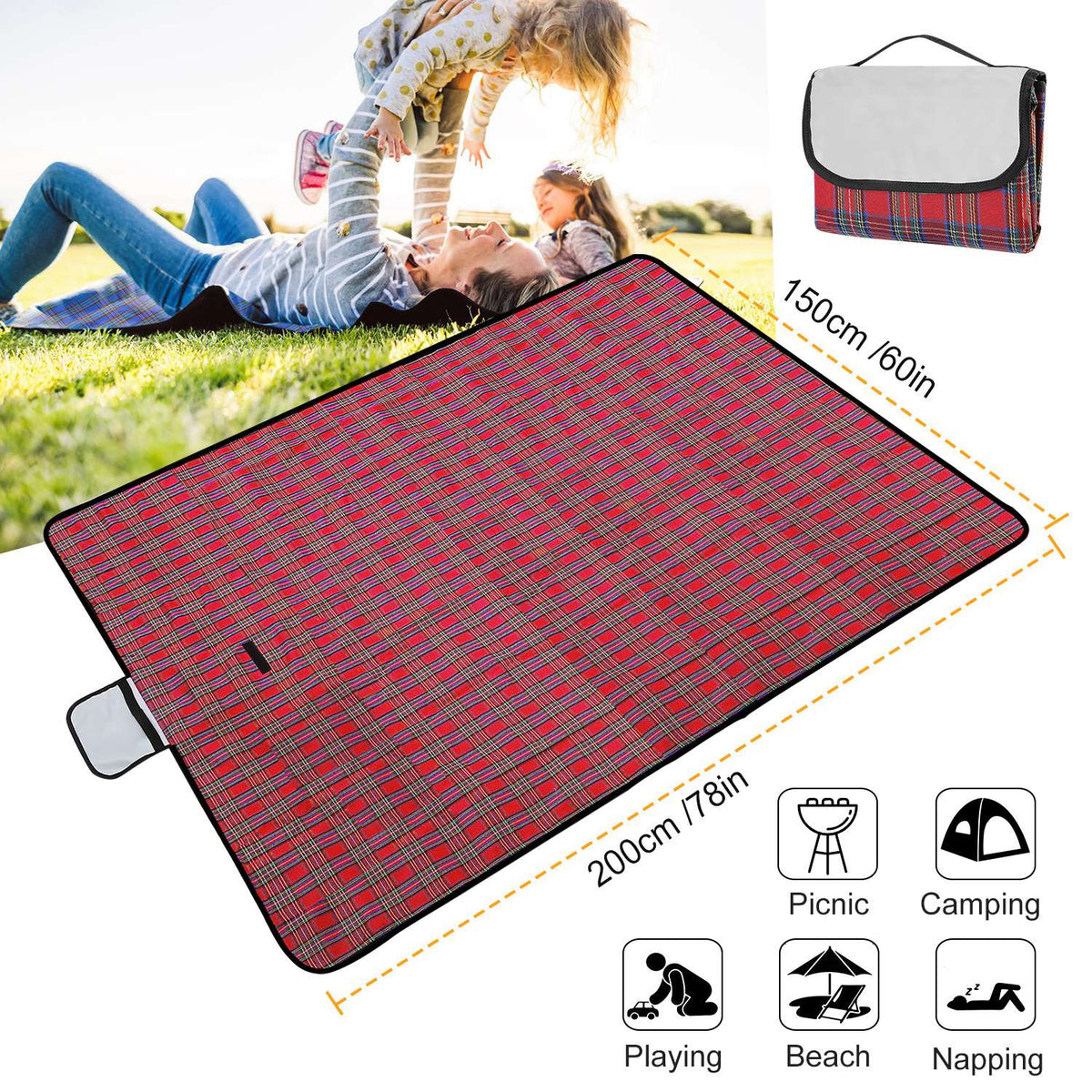 Manta de picnic impermeable de 60" x 78", alfombra plegable para acampar con correa, ideal para camping, senderismo, césped y viajes