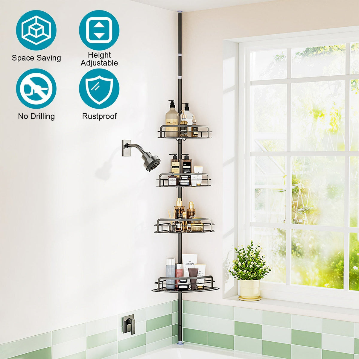 Rust-Resistant Corner Shower Caddy For Bathroom 4 Height Adjustable Shelves With Tension Pole Towel Bar Hanging Hook Floor Standing Bath Storage Rack
