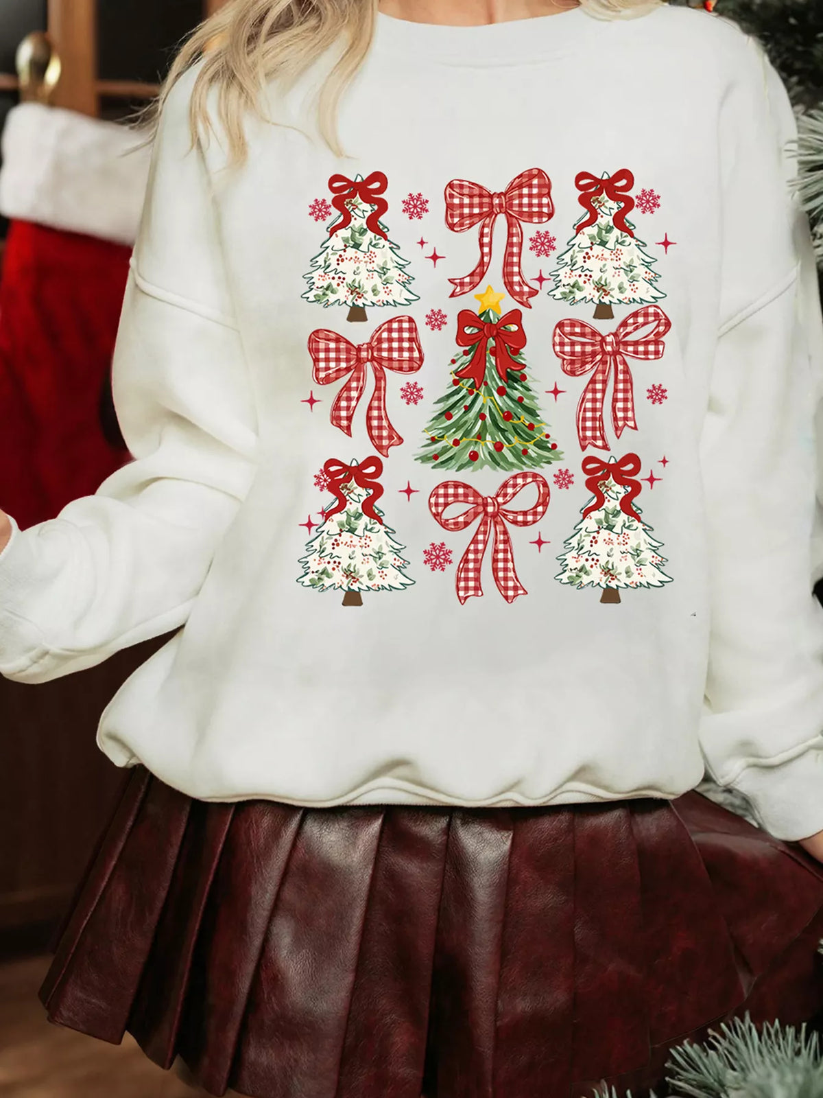 Christmas Tree Ribbon Bow Printed Drop Shoulder Sweatshirt
