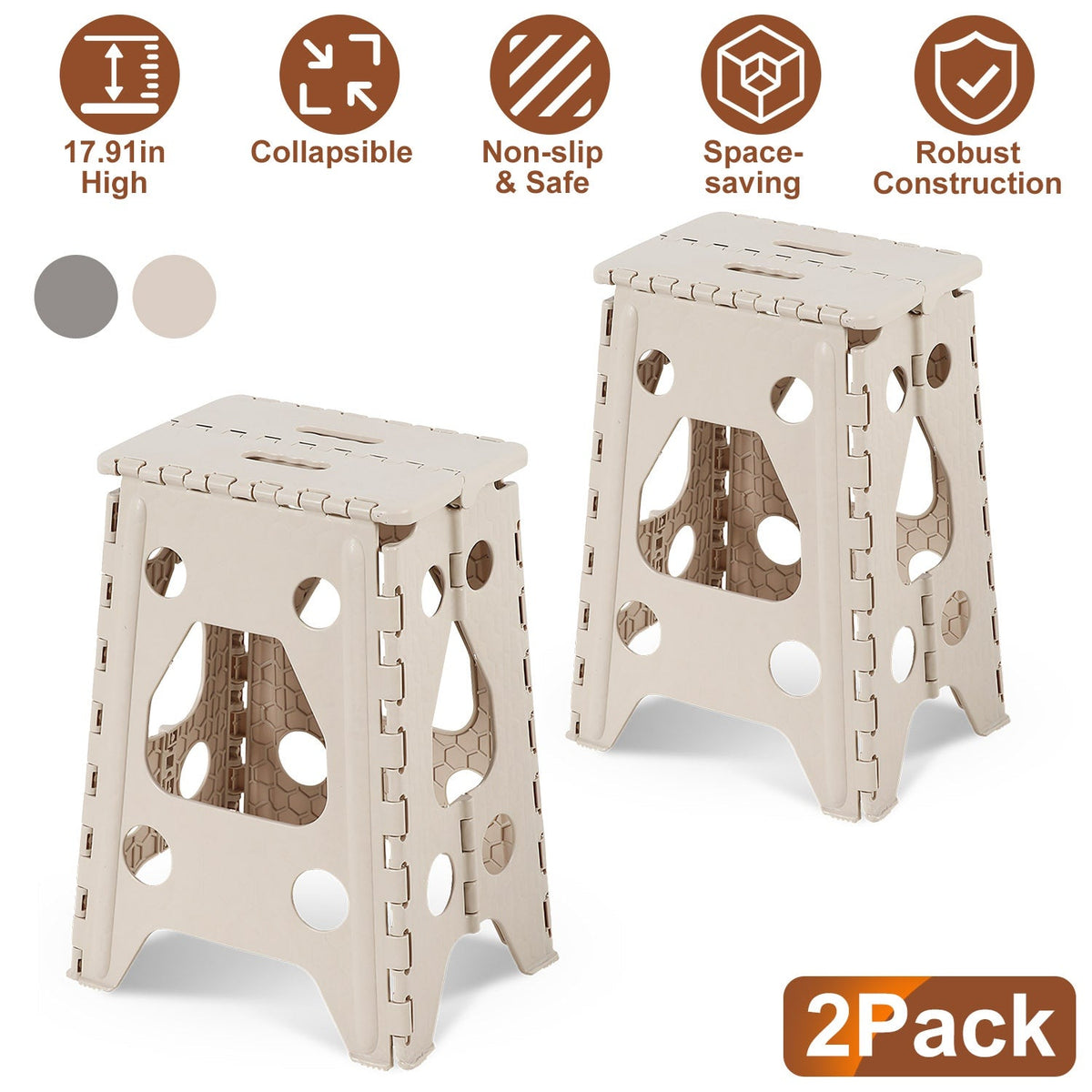 2 Pack 17.91In High Step Stool Folding Stepping Stool Lightweight Plastic Step Stool with Handle Non-slip for Kitchen Bathroom