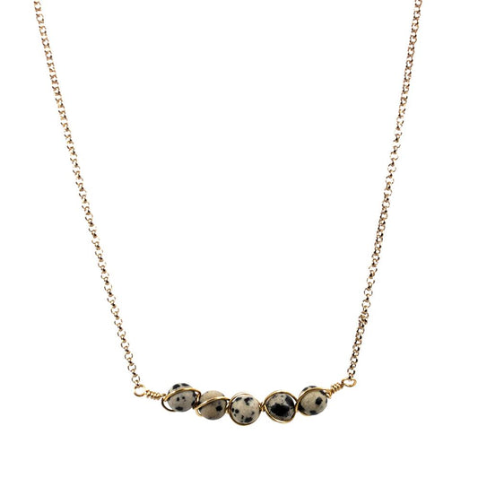 Dalmatian Jasper Wire Wrapped Pod Necklace 18 Inch Gold