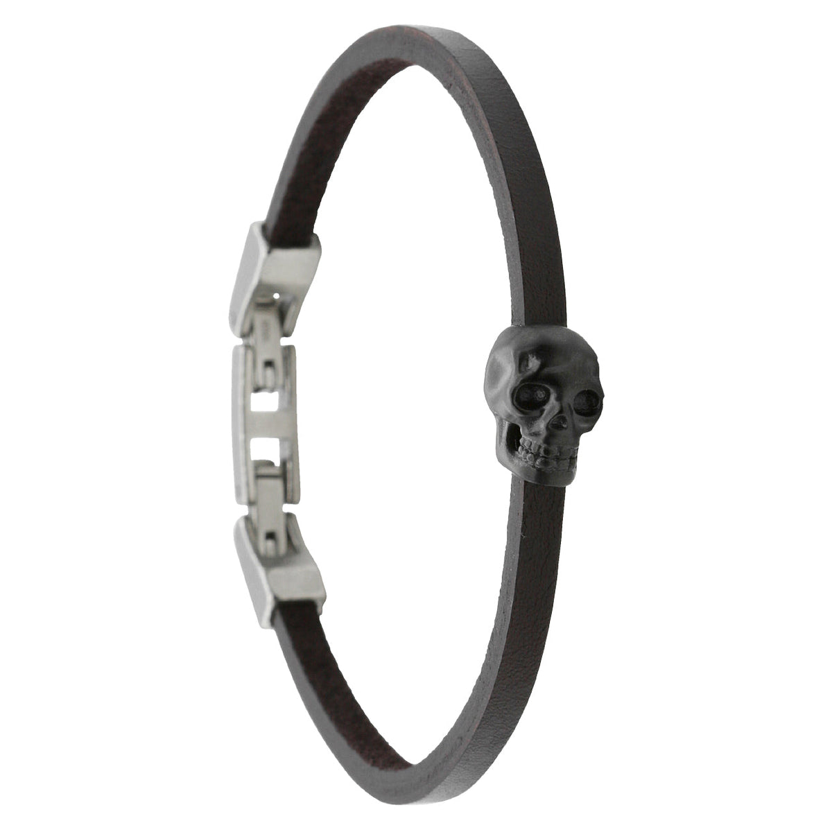 Dark Brown Leather Skull Bracelet For Men Adjustable