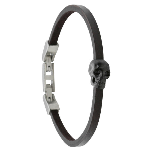 Dark Brown Leather Skull Bracelet For Men Adjustable