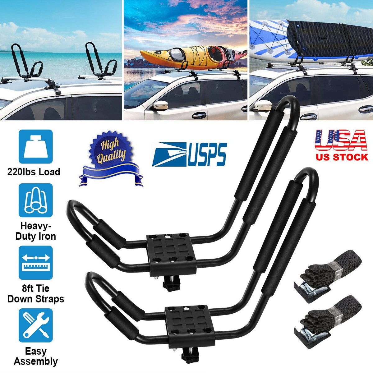 Title: 1 Pair Universal J-Bar Kayak Carrier 220LBS Load Heavy Duty Canoe Car Top Mount Carrier Roof Rack w/ 2Pcs Tie Down Straps